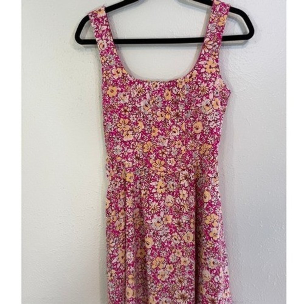 Land of the Free Pink Yellow Floral Smocked Back Mini Corset Dress Pockets Small